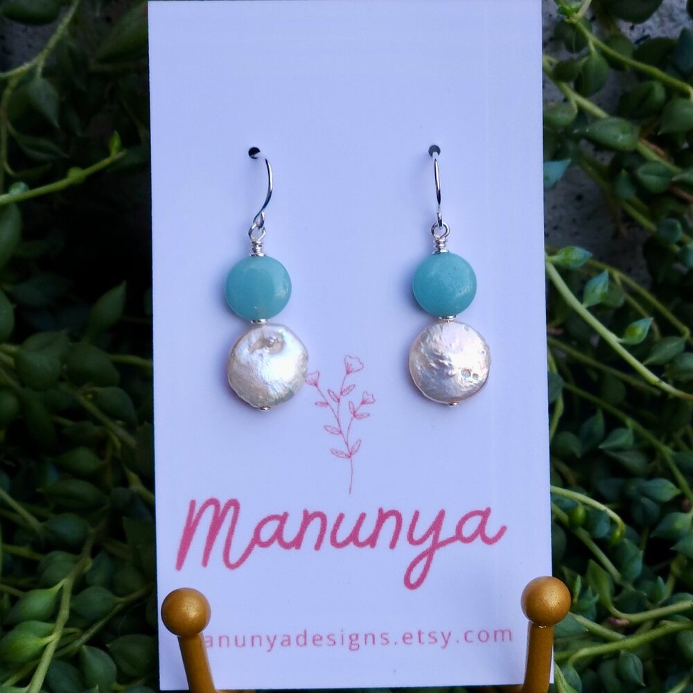 Coin Pearl Cuties - Semi-Precious Amazonite & Coin Pearl Earrings